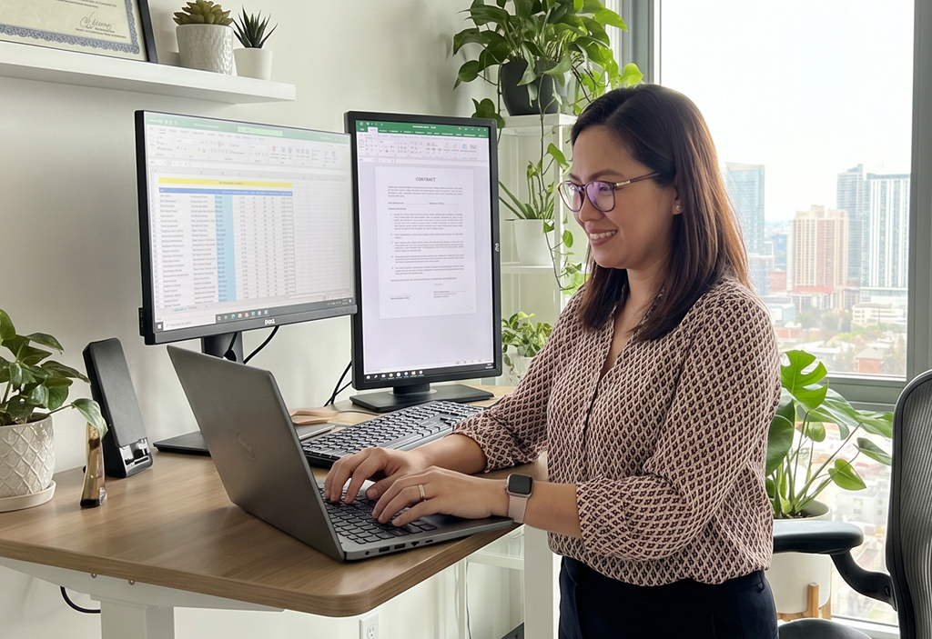 Filipino offshore contracts administrator reviewing documents at their workstation